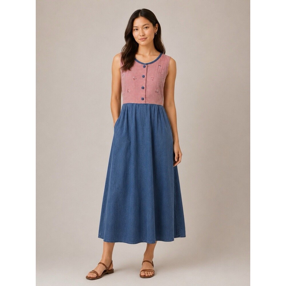 Sleeveless Maxi Jean Dress XL Gingham Cottagecore Boho Prairie Modest Floral